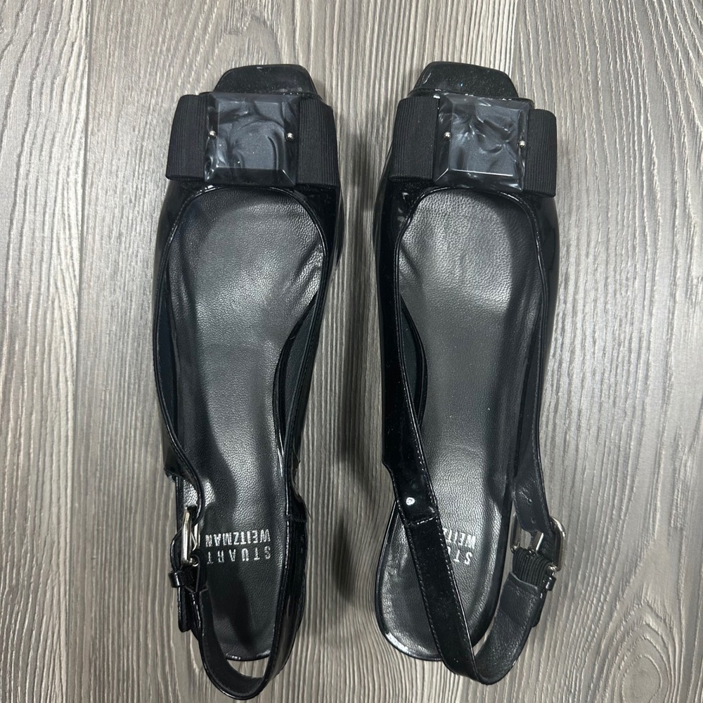 Stuart Weitzman Black Open Toe Slingback Kitten Heel - SIZE 8 Bow Patent Leather
